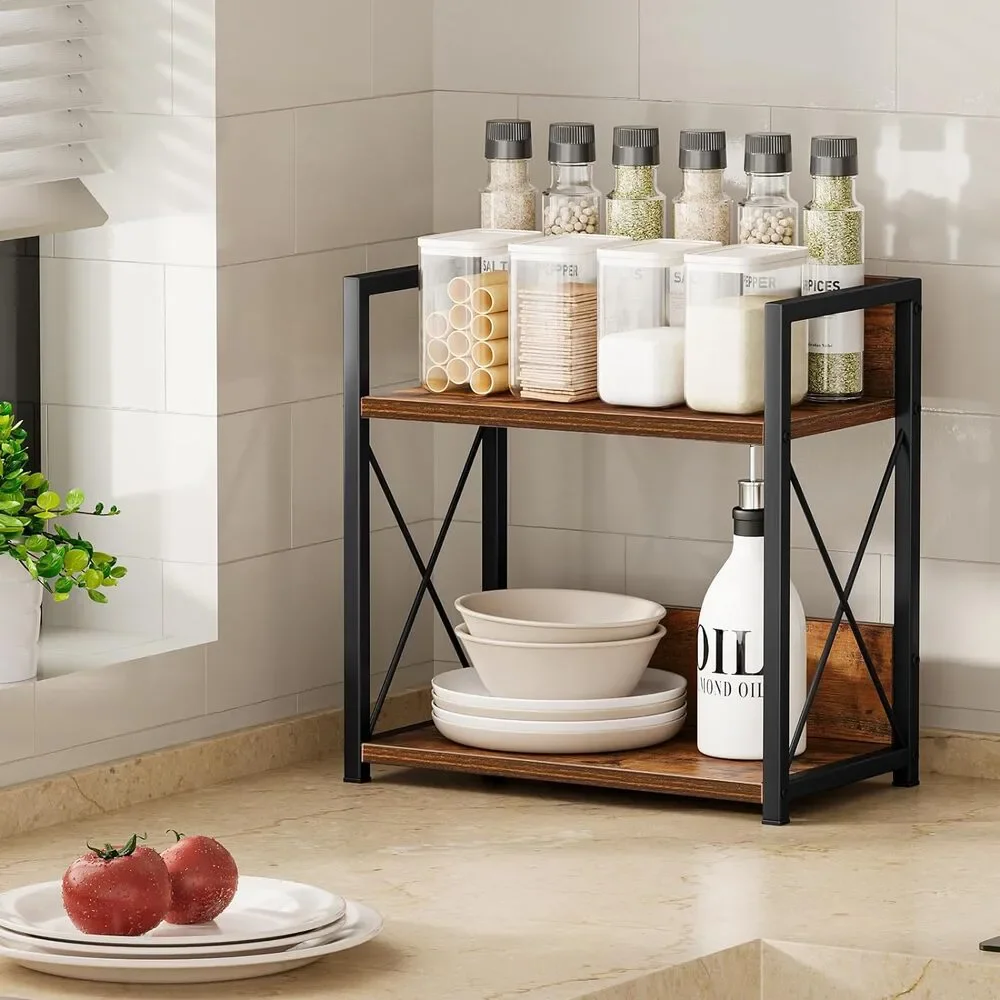 2 Tier Kitchen Organizer Rack Storage Shelf Countertop Coffee Bar Wood Metal